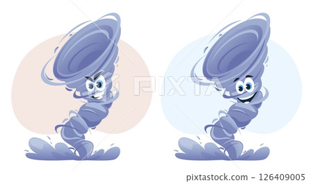 Fun and wicked cartoon character of tornado. Angry storm. Cyclone vortex. Climate stormy phenomenon. Windstorm with happy face expression. Whirlwind disaster. Vector funny typhoons set 126409005