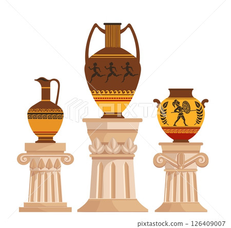 Greek vases stand on pedestal columns in antique museum. Ancient ceramic jugs. Artifact urns. Marble stone pillars. Antiquity exhibition. Ornate painting. Vector historical amphoras set Greek vases stand on pedestal columns in antique museum. Ancient ceramic jugs. Artifact urns. Marble stone pillars. Antiquity exhibition. Ornate painting. Vector historical amphoras set 126409007