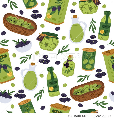 Green and dark olives seamless pattern. Organic oil. Repeated print. Pickles pot. Plant branch leaves. Natural healthy food. Dried berries bowl. Vegetarian ingredients. Vector background Green and dark olives seamless pattern. Organic oil. Repeated print. Pickles pot. Plant branch leaves. Natural healthy food. Dried berries bowl. Vegetarian ingredients. Vector background 126409008