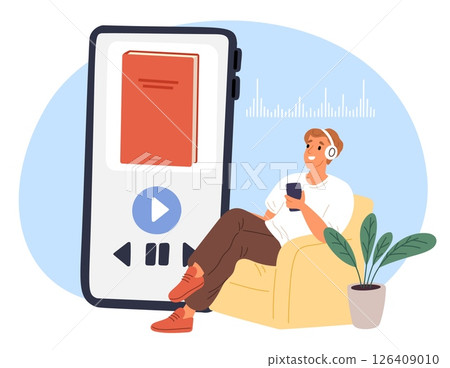 Guy in headphones sitting in soft chair and listening to interesting audiobook. Online library application. Man with headset and smartphone. Phone screen. Smart studying. Vector concept Guy in headphones sitting in soft chair and listening to interesting audiobook. Online library application. Man with headset and smartphone. Phone screen. Smart studying. Vector concept 126409010