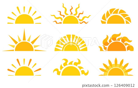 Half sun disk. Sunset or sunrise icon. Summer sunshine. Morning sunlight. Sunny weather. Sky sunshine beams. Yellow semicircle with rays. Daylight shine. Solar heat. Vector symbols set 126409012