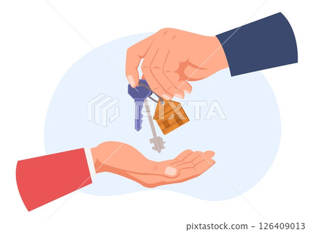 Hand giving house keys to other arm. Home rent or building purchase. Real estate buying. Property keychain holding. Loan or mortgage apartment. Buyer and seller agreement. Vector concept Hand giving house keys to other arm. Home rent or building purchase. Real estate buying. Property keychain holding. Loan or mortgage apartment. Buyer and seller agreement. Vector concept 126409013