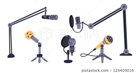 Microphones for conducting sound recordings or hosting podcasts. Multimedia mike for broadcast. Radio mic at holder. Live streaming interview. Media sound studio. Audio equipment vector set 126409016