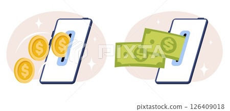 Online payment. Gold coins and cash bills fly into smartphone screen slot. Money transfer. Financial transaction. Mobile technology. Finance profit. Dollar banknotes. Vector concept Online payment. Gold coins and cash bills fly into smartphone screen slot. Money transfer. Financial transaction. Mobile technology. Finance profit. Dollar banknotes. Vector concept 126409018