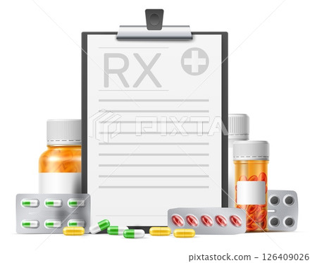 Realistic tablet with prescription. 3D medicine vial and medicament pills. RX document at clipboard. Pharmaceutical recipe. Meds blister. Drug bottle. Medical pharmacy vector concept Realistic tablet with prescription. 3D medicine vial and medicament pills. RX document at clipboard. Pharmaceutical recipe. Meds blister. Drug bottle. Medical pharmacy vector concept 126409026