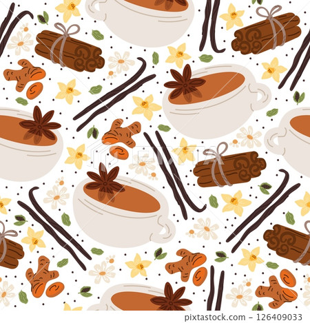 Tea with ginger slices and cinnamon tube seamless pattern. Spicy hot drink. Repeated print. Vanilla flower. Cardamom seeds. Natural condiment. Herbal aromatic beverage. Vector background 126409033