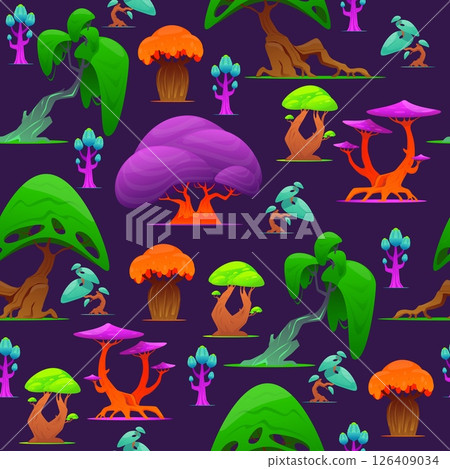 Unusual fantasy and fairy tale trees seamless pattern. Alien plants. Mystical garden. Repeated print. Magical jungle foliage. Fabulous shrub leaves. Fantastic forest. Vector background 126409034