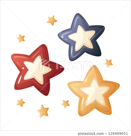 Red blue and yellow twinkle star vector illustration in cartoon style. Celestial graphic design with colorful constellation for 4th july. Perfect for Independence day template and tshirt design. 126409051