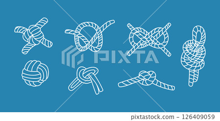 Vintage illustrations of white nautical rope knots on blue background. Line illustration 126409059