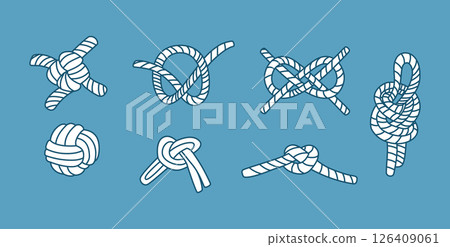 Set illustrations of white nautical rope knots on blue background. 126409061