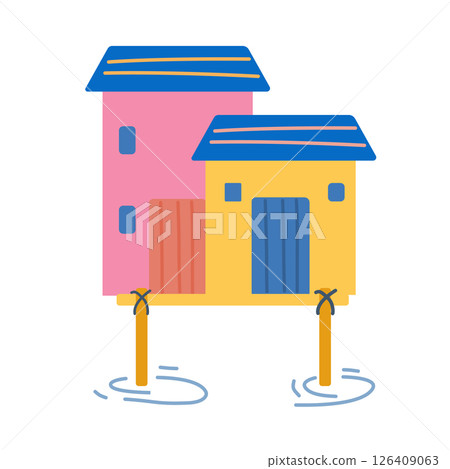 Beach shack house, bungalow. Summer cartoon island building, straw roof, exotic vacation camping. Beach shack seashore 126409063