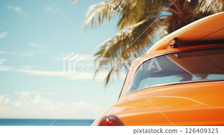 Vintage car parked on tropical beach. 126409325