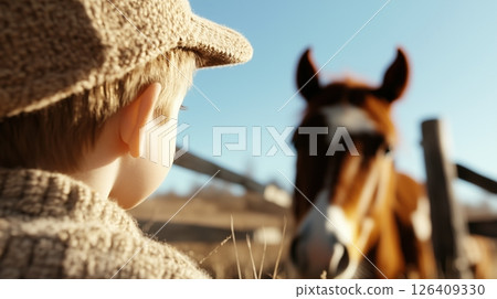 visit farm boy eats horse grass friend fence farm 126409330