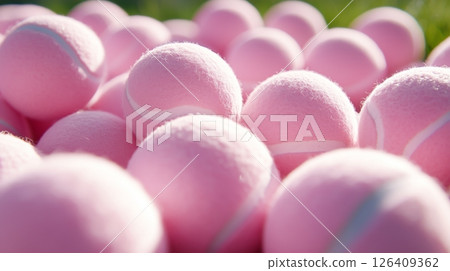 a lot of pink tennis balls in a pile, grass in the background 126409362