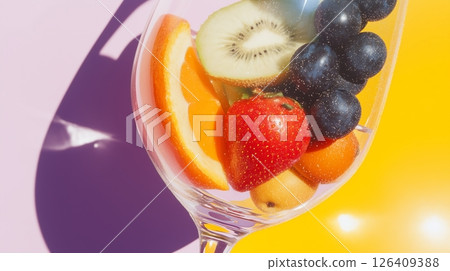 a wine glass filled with fruit, colorful, pop art style 126409388