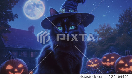 black cat with green eyes wearing a witch's hat 126409401