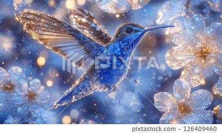 Enchanted Blue Hummingbird Amidst Frozen Blooms 126409460