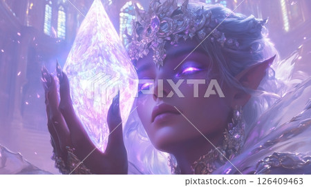 enigmatic dark elf priestess with purple eyes holding a glowing crystal 126409463
