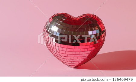 Glistening red disco mirror ball styled as a heart 126409479