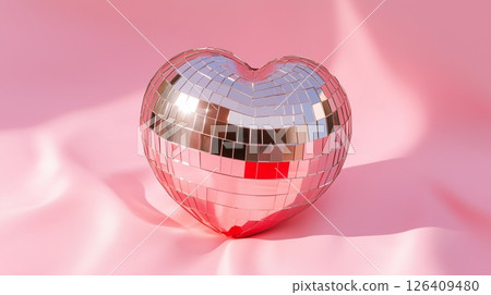 Glistening red disco mirror ball styled as a heart 126409480