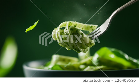Spinach-infused pasta coated in a velvety basil pesto sauce 126409550