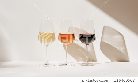 Three wine glasses with red, rose, and white wine 126409568