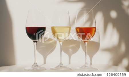 Three wine glasses with red, rose, and white wine 126409569