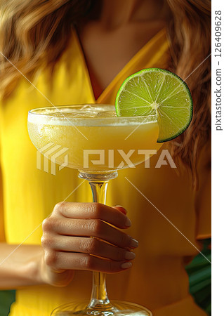 Hand holding margarita cocktail garnished with lime slice on yellow background 126409628