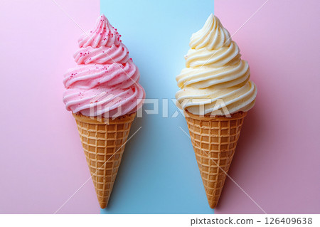 Two ice creams, strawberry and vanilla, on a two-color red and blue background 126409638