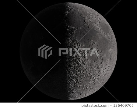 Photorealistic 3D illustration of a half moon, 7 days old, waxing crescent moon 126409705
