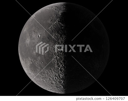 Photorealistic 3D illustration of a half moon, 22 days old, waning crescent moon Photorealistic 3D illustration of a half moon, 22 days old, waning crescent moon 126409707