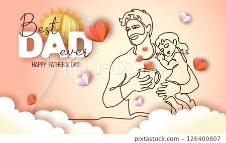 Happy Fathers Day holiday card. Dad drinks morning coffee and holds his sleeping daughter in his arms. 126409807