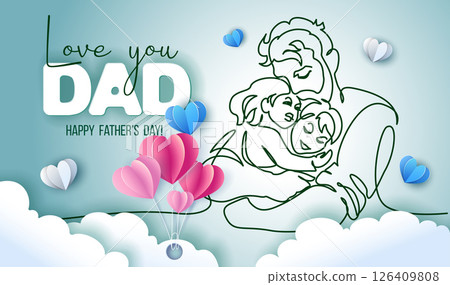Happy Fathers Day holiday card. Dad hug his kids with big love. 126409808
