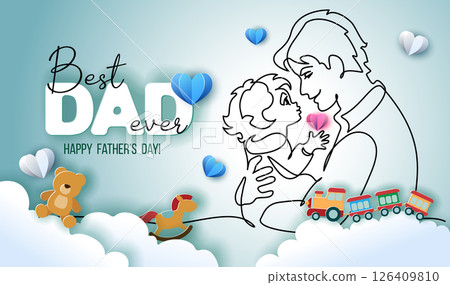 Happy Fathers Day holiday card. Dad hug cute baby. Happy Fathers Day holiday card. Dad hug cute baby. 126409810