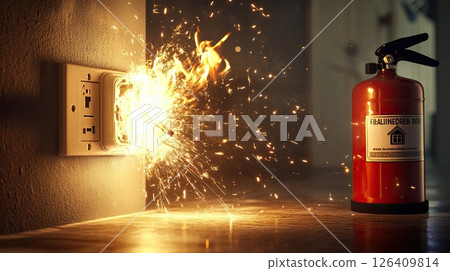 Electrical outlet short circuit with sparks flying, concept of home hazard and fire safety 126409814
