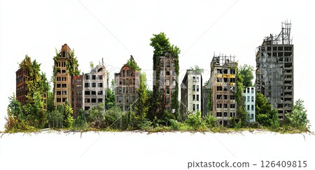 Ruined city architecture overtaken by greenery, isolated on white, symbol of decay and regrowth 126409815