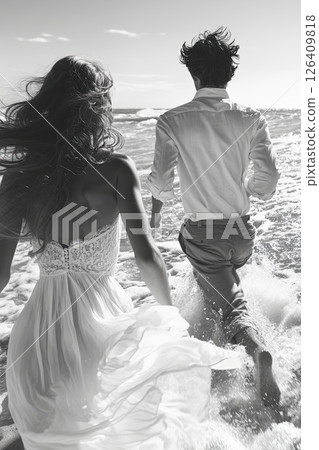 Back view of carefree couple running into the water, black and white coastal moment of happiness 126409818