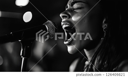 Expressive moment of a woman singing into a microphone, black and white concert scene with lights 126409821