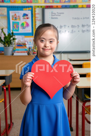 Young Girl Holding a Red Heart Cutout in a Colorful Classroom Setting During a Creative Activity 126410020