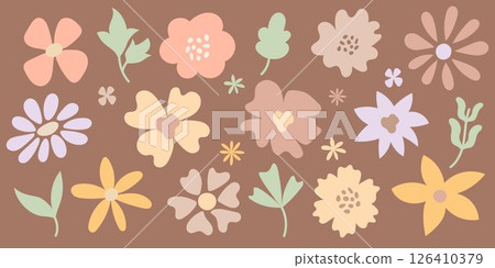Cute pastel flower collection on Mocha Mousse background. Flat floral elements in soft vintage colors for boho design, spring decor, kids pattern, greeting cards, and textile print projects. 126410379