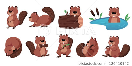 Vector set of cute beavers in different poses, sitting, sleeping, gnawing, swimming. 126410542