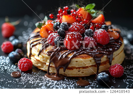 Pancakes with chocolate and fruit on black background 126410543