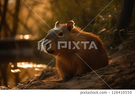 A capybara sitting peacefully by a riverbank during golden hour, soft sunlight filtering through lush green foliage A capybara sitting peacefully by a riverbank during golden hour, soft sunlight filtering through lush green foliage 126410550