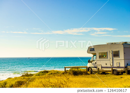 Camper rv camping on sea shore, Spain Camper rv camping on sea shore, Spain 126410617