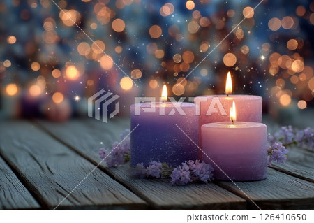 Candles Glowing Softly on Wooden Table With Blurred Lights in Background During Evening Relaxation 126410650