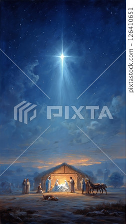 Nativity Scene Featuring Mary and Joseph Under a Bright Star at Night 126410651