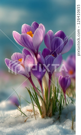Beautiful Blooming Crocuses Emerge From Melting Snow in Springtime Landscape 126410655