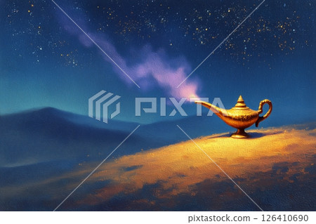 Vintage Lamp Exuding Smoke at Dusk in a Vast Desert Landscape 126410690