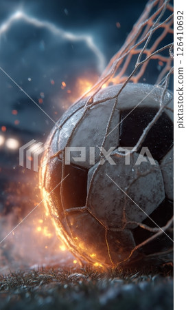 Soccer Ball Striking the Net During a Stormy Night Game With Lightning 126410692