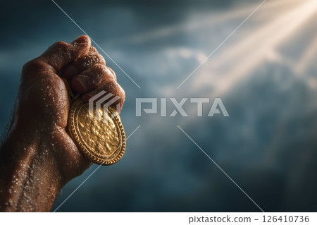 Gold Medal Proudly Raised in Celebration Against a Dramatic Sky Background 126410736